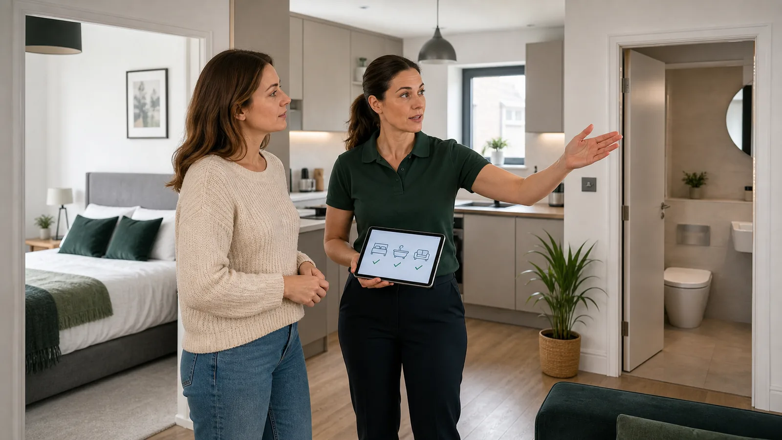 A host and cleaning supervisor assessing rooms for an Airbnb turnover quote