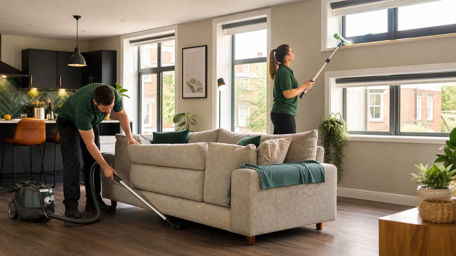 Cleaners vacuuming behind a sofa and dusting a high holiday-let window