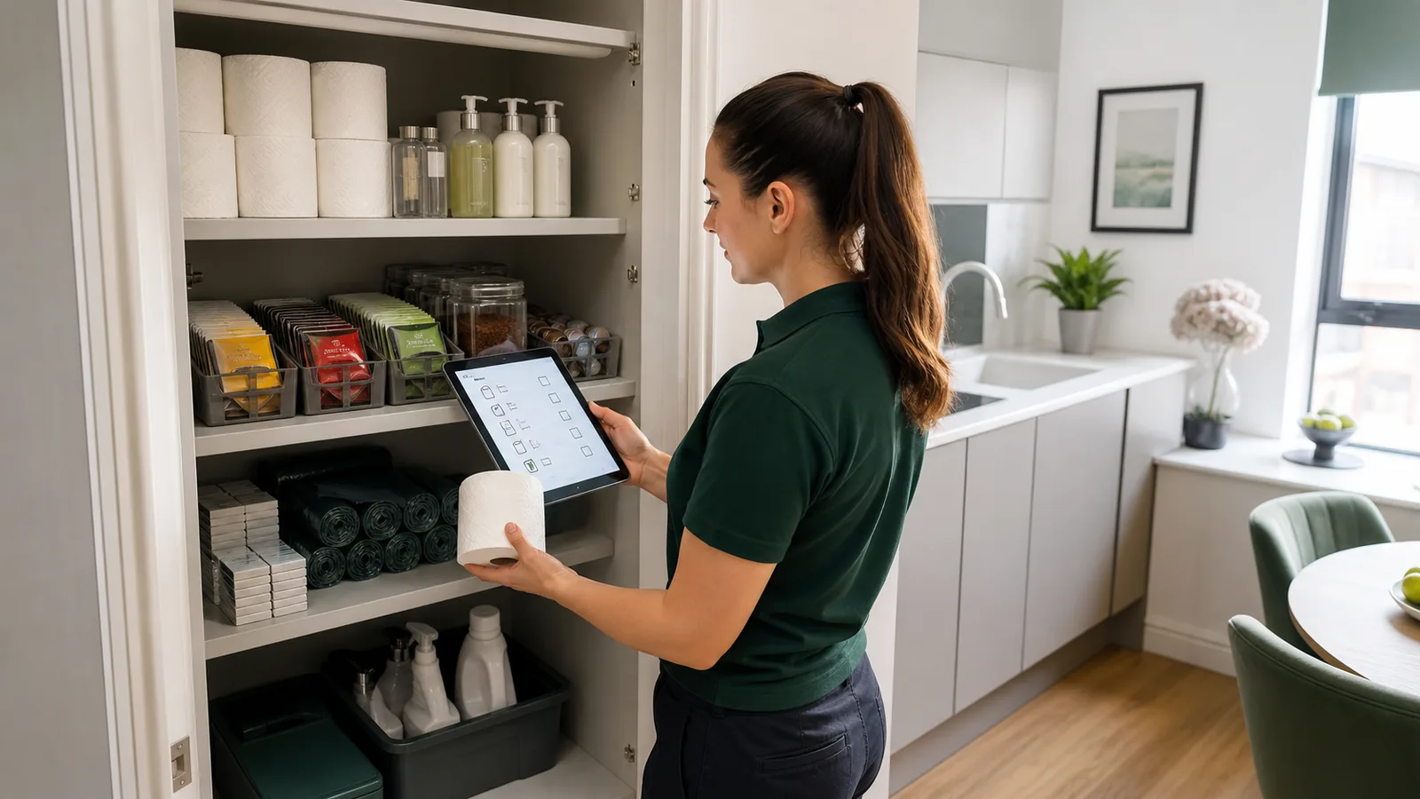 A cleaner checking neatly organised Airbnb toiletries and kitchen supplies