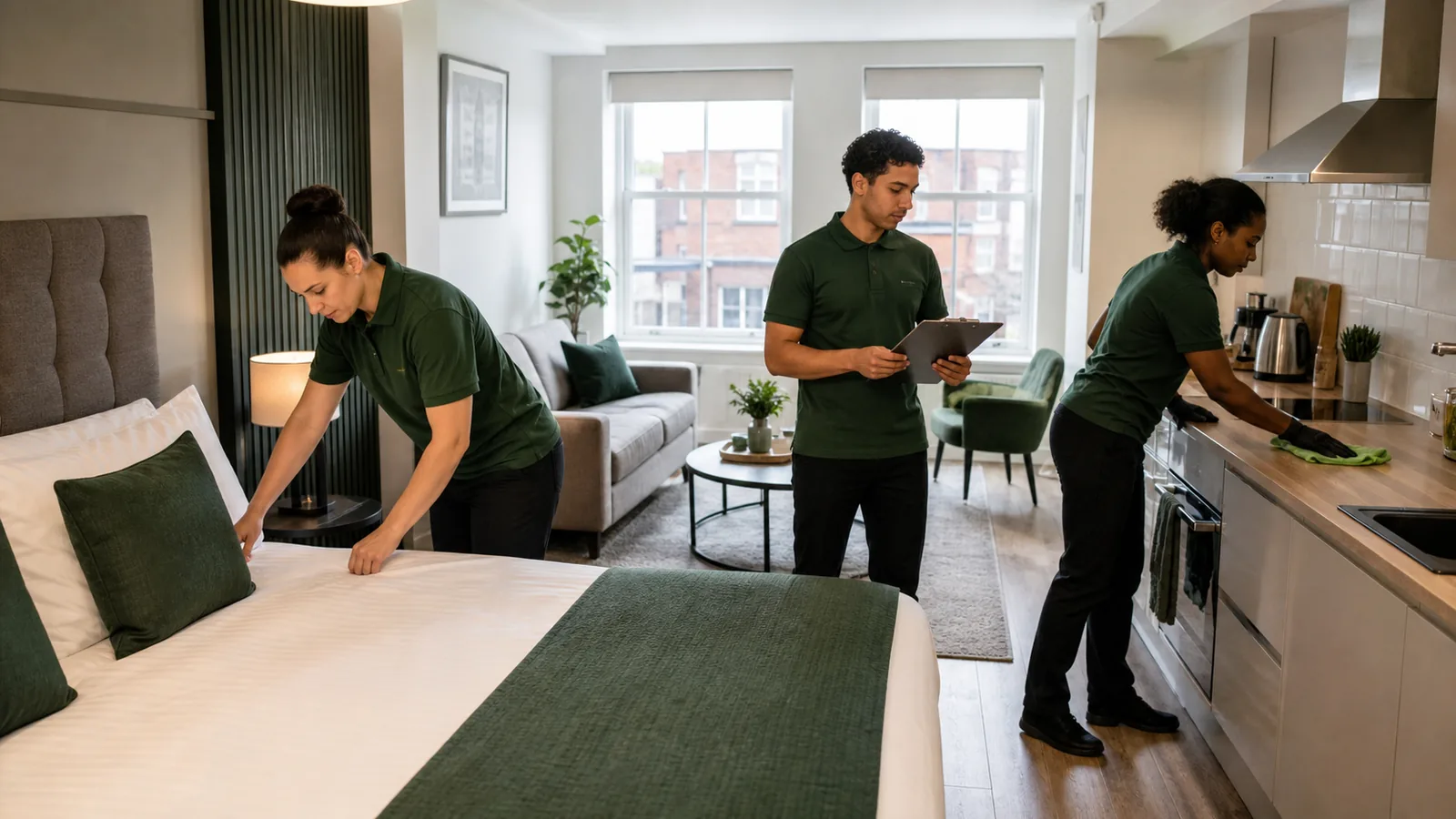 A three-person team cleaning and checking a Derby Airbnb apartment