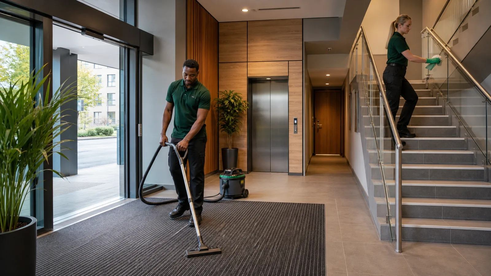 Cleaners vacuuming the entrance and wiping handrails in an apartment lobby