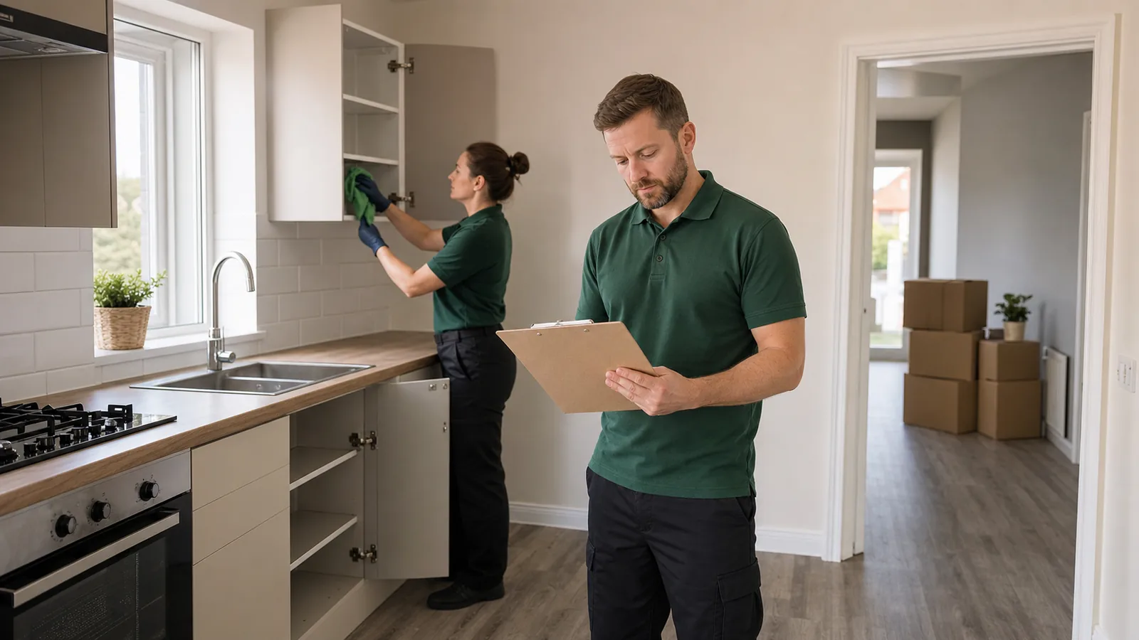 Cleaners inspecting and wiping cupboards in an empty rental kitchen