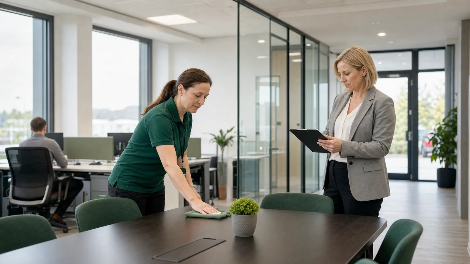 A cleaner wiping an office meeting table while a manager checks the schedule