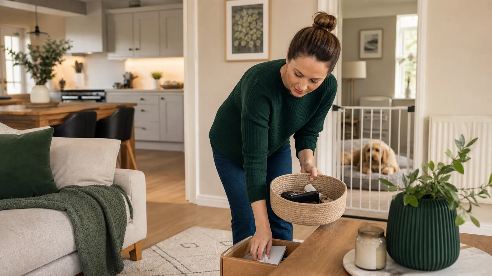 A homeowner clearing personal items while a pet rests safely in another room