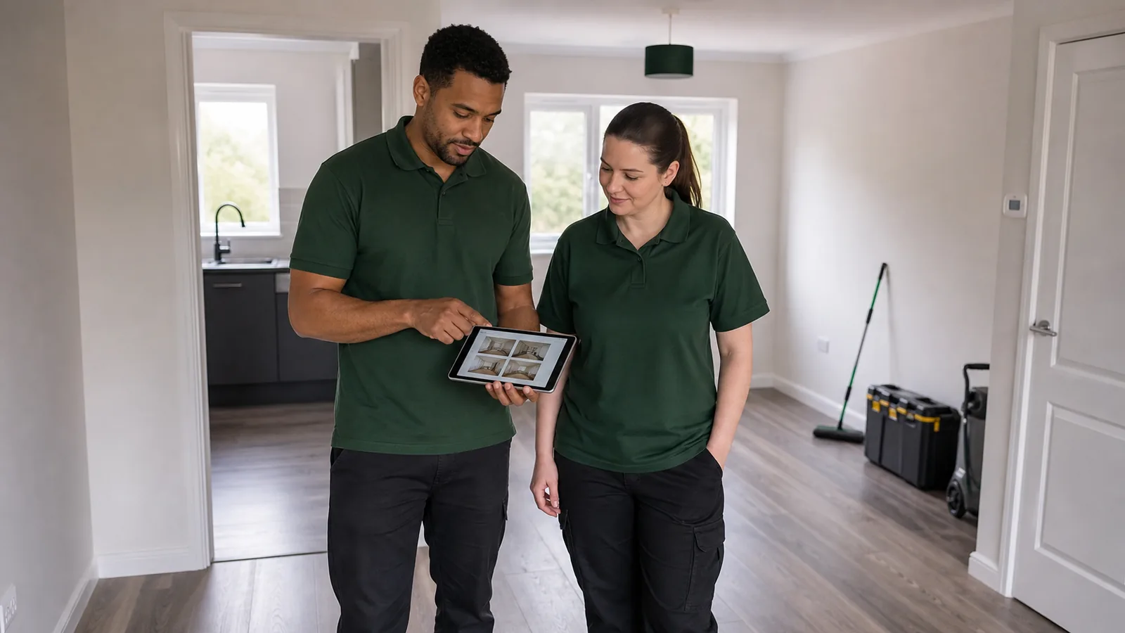 A property turnaround team checking the condition of an empty rental flat