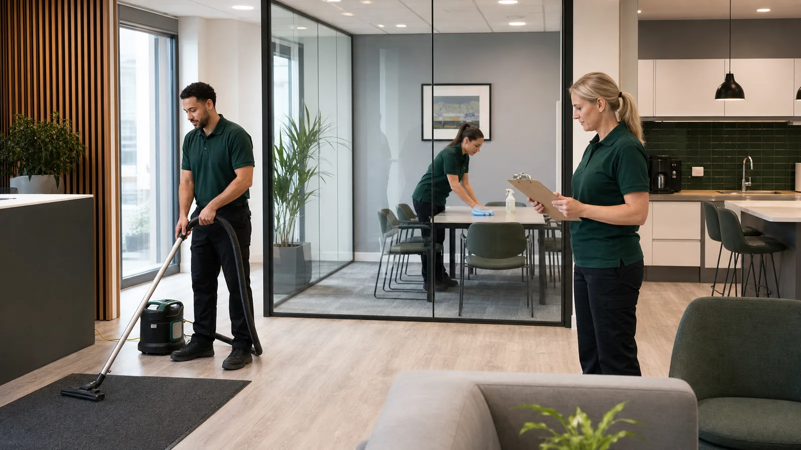 An office cleaning team working through entrance and meeting-room tasks
