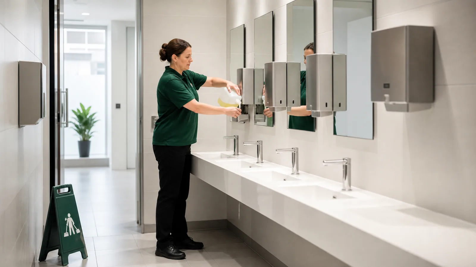 A cleaner refilling a dispenser during an office washroom service check