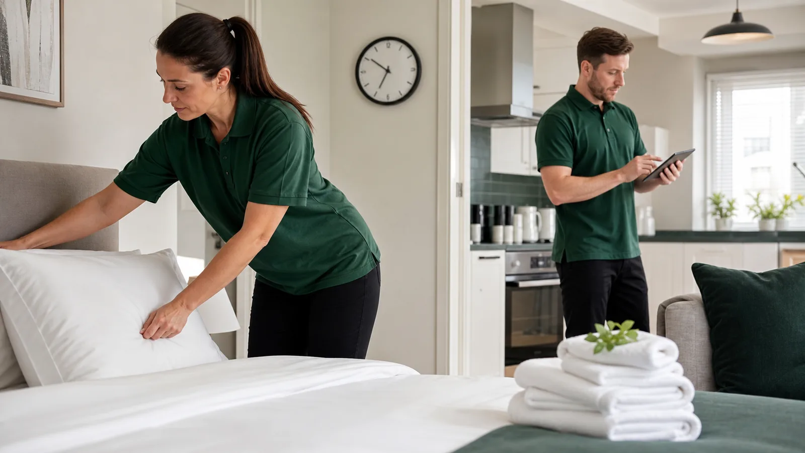 A turnover team making the bed and checking supplies before guest arrival